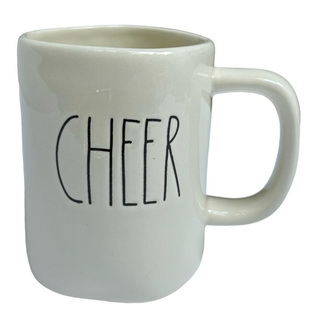 Rae Dunn CHEER Mug Coffee Tea White Black Large Letters Dimples NWT 2017 OG